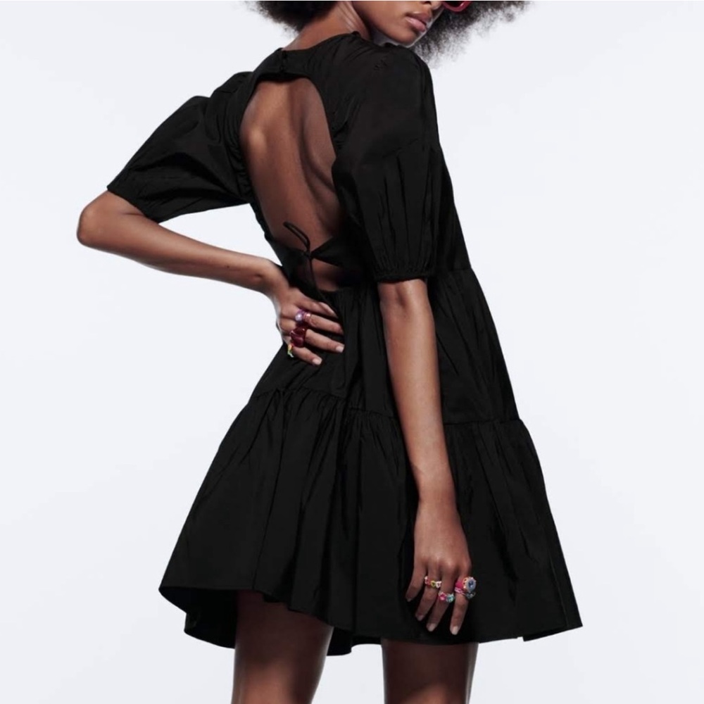 ZARA tiered poplin back open black dress